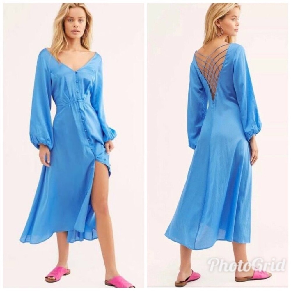 FREE PEOPLE Later Days‎ Blue Button Front Long Sleeve Midi Dress Size 0 New